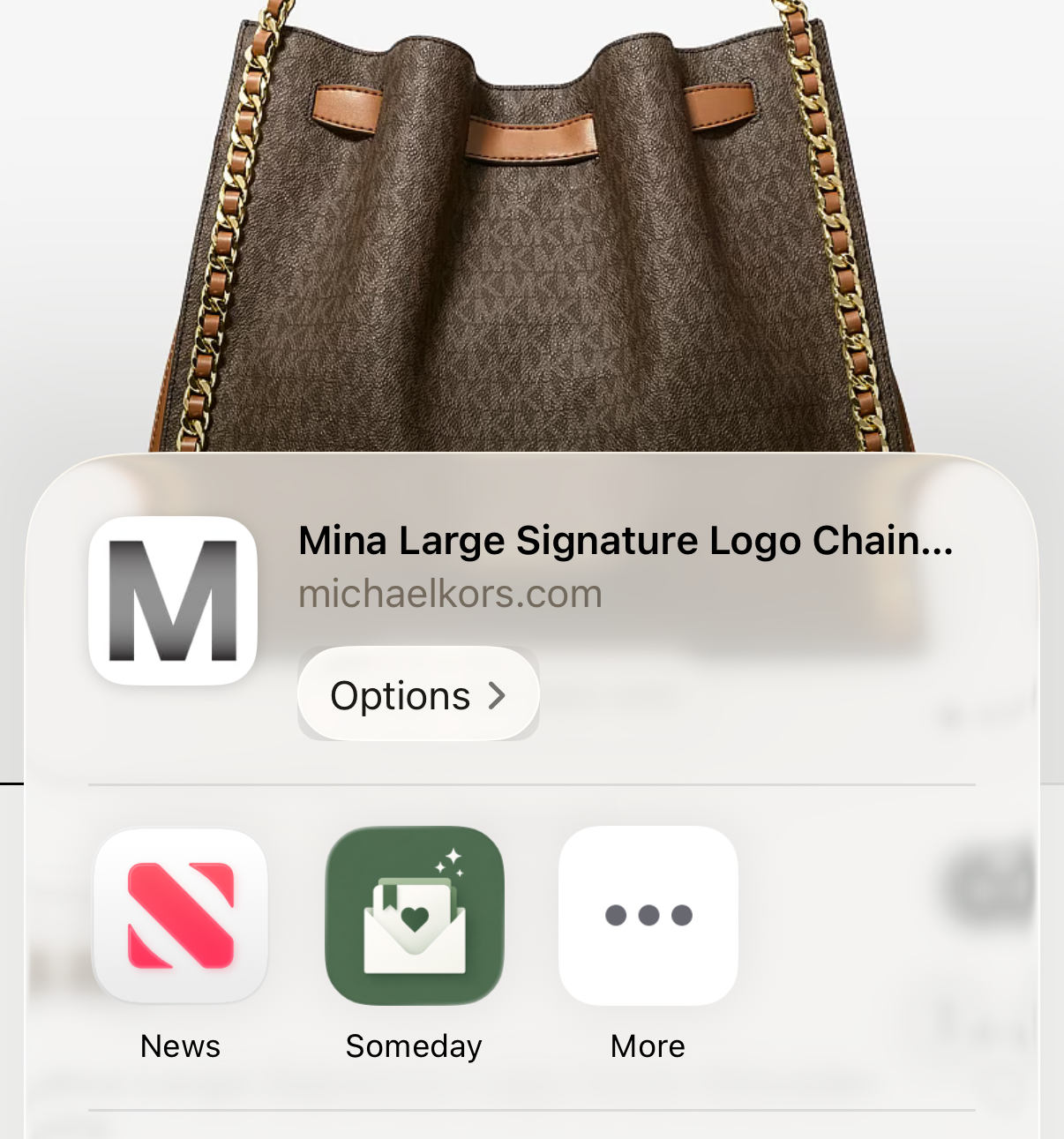 Close-up of the Michael Kors bag and the Someday app icon in the iPhone share sheet.
