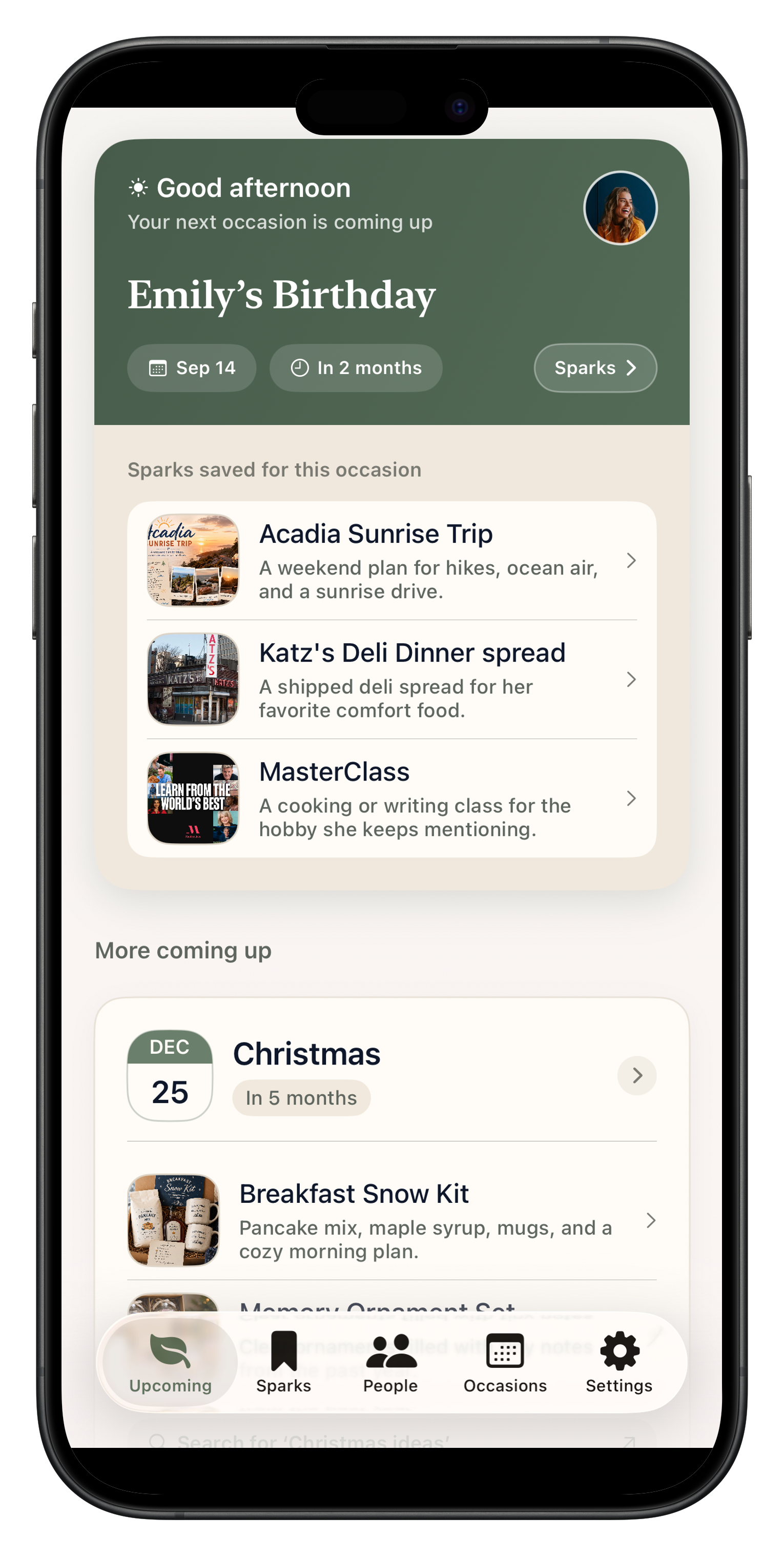 iPhone showing the Someday Upcoming screen with Emily's birthday, saved Sparks, and Christmas planning.